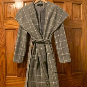 Kenneth Cole XS wool grey and white plaid wrap coat knee length